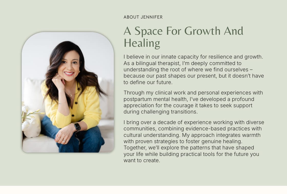 About section of jennifermarkslcsw.com introducing Jennifer, a bilingual therapist, on a calm sage background