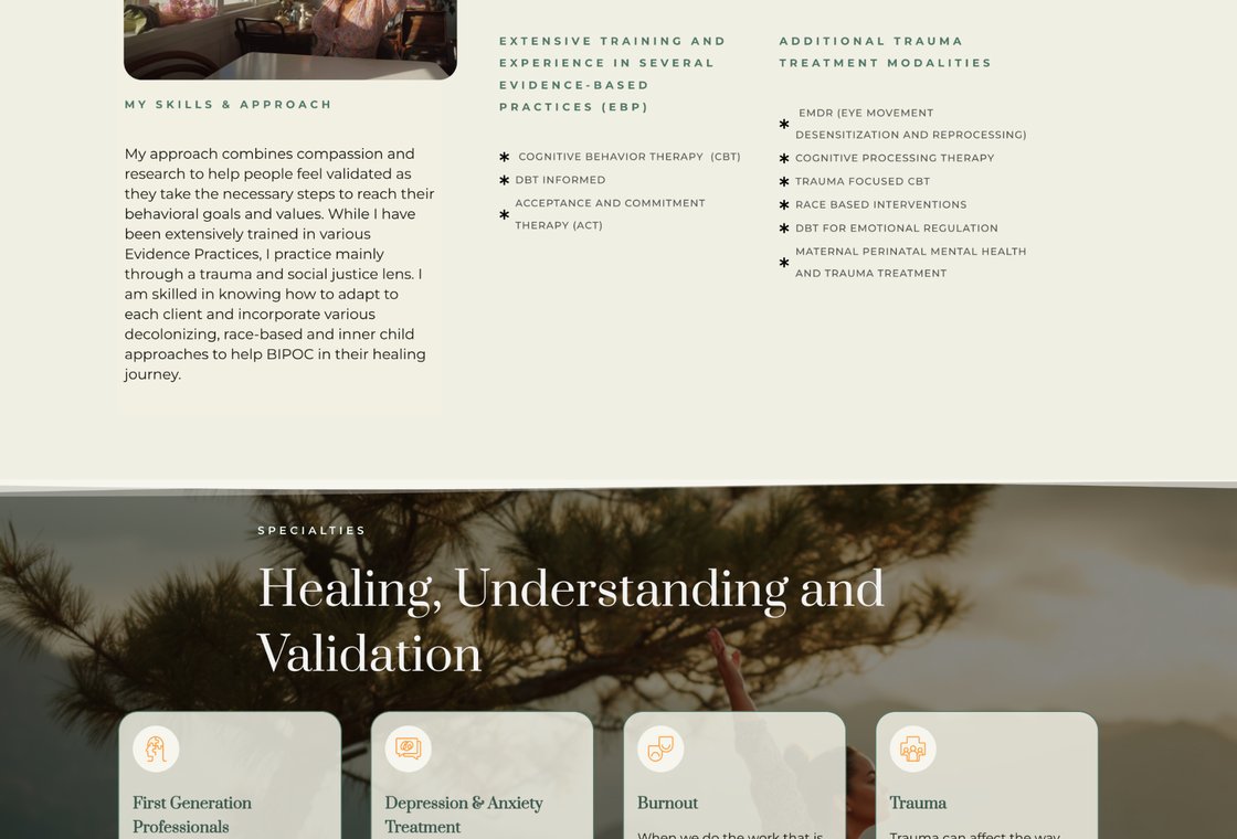 Sofia Mendoza LCSW approach page with warm earth tones