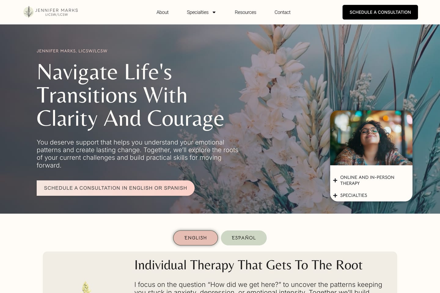Homepage of jennifermarkslcsw.com, a bilingual therapist website with a soft floral hero and a consultation button in English or Spanish