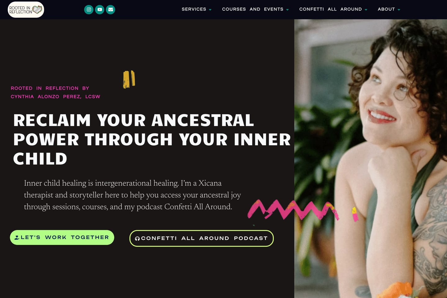 Full homepage of rootedinreflection.org, a Xicana therapist website with vibrant cultural design