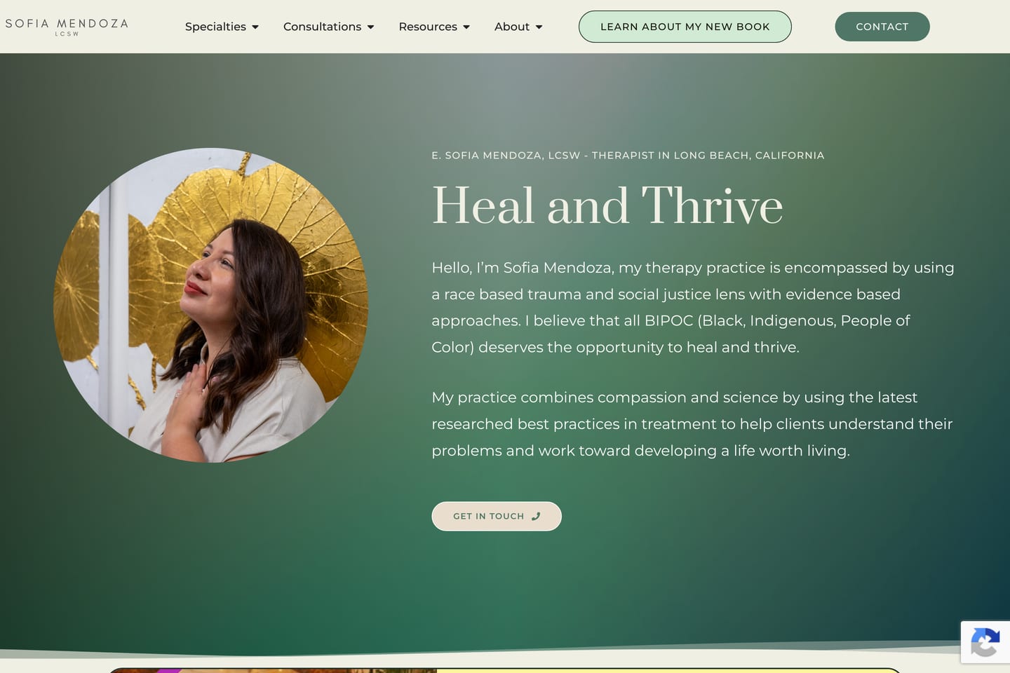 Homepage of sofiamendozalcsw.com, a BIPOC trauma therapist website with green and gold design