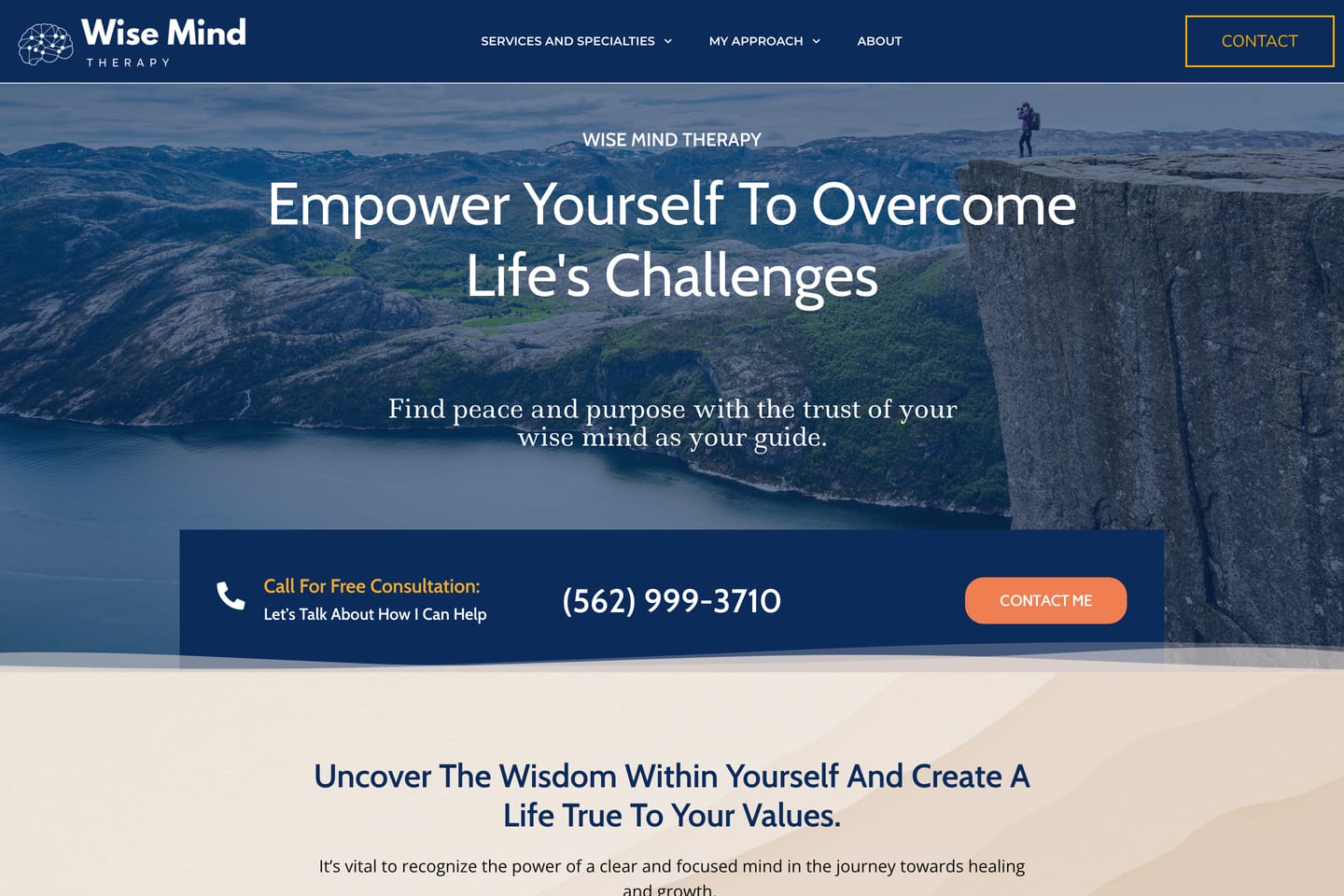 Homepage of wisemindtherapist.com, a DBT specialist website with calming blue design