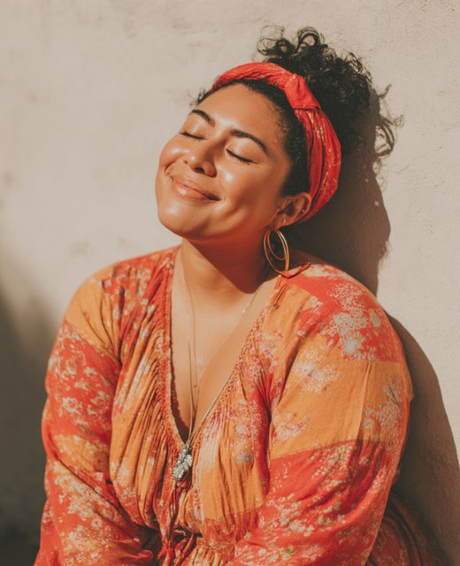 Woman with eyes closed, peaceful in warm golden sunlight
